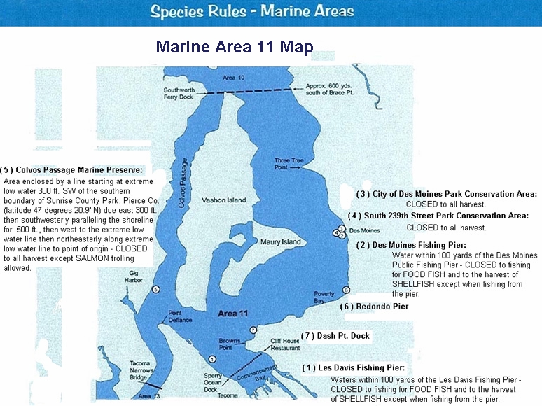 Des Moines, WA Area Map 11 Fishing Regulations - fishing marine map species rules boundaries closures shellfish - docks Redondo, Dash Point, Colvos Passage, Gig Harbor, Port Tacoma Seattle